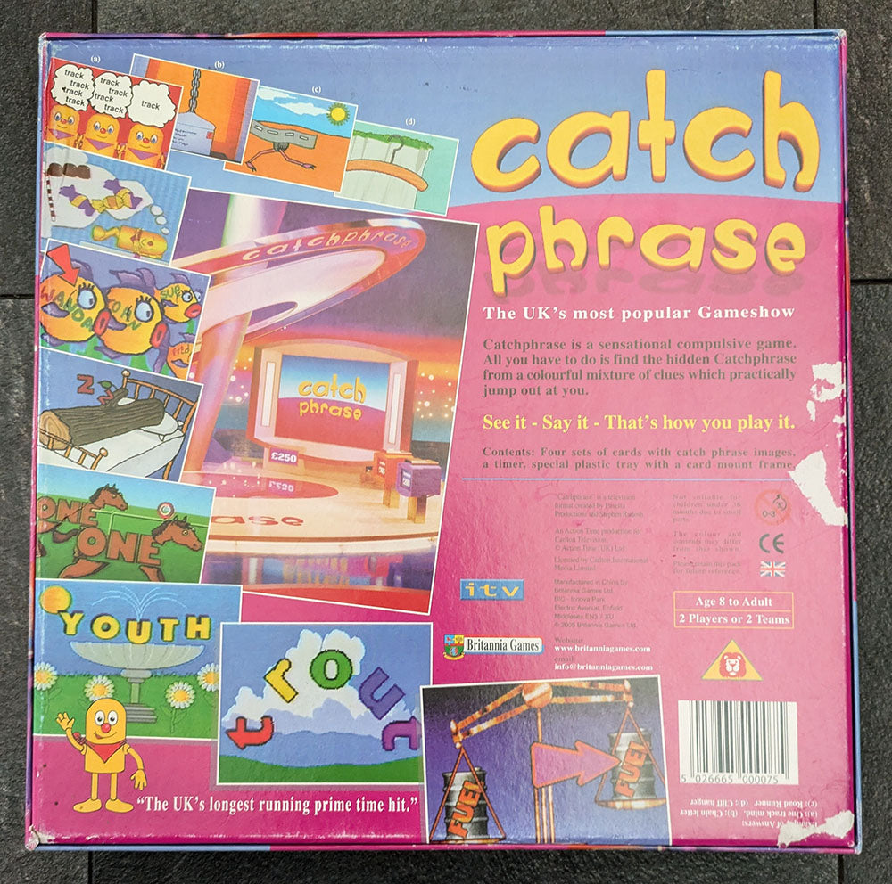 Catch Phrase game instructions showing how to play using drawings, gestures, or descriptions to guess hidden phrases.
