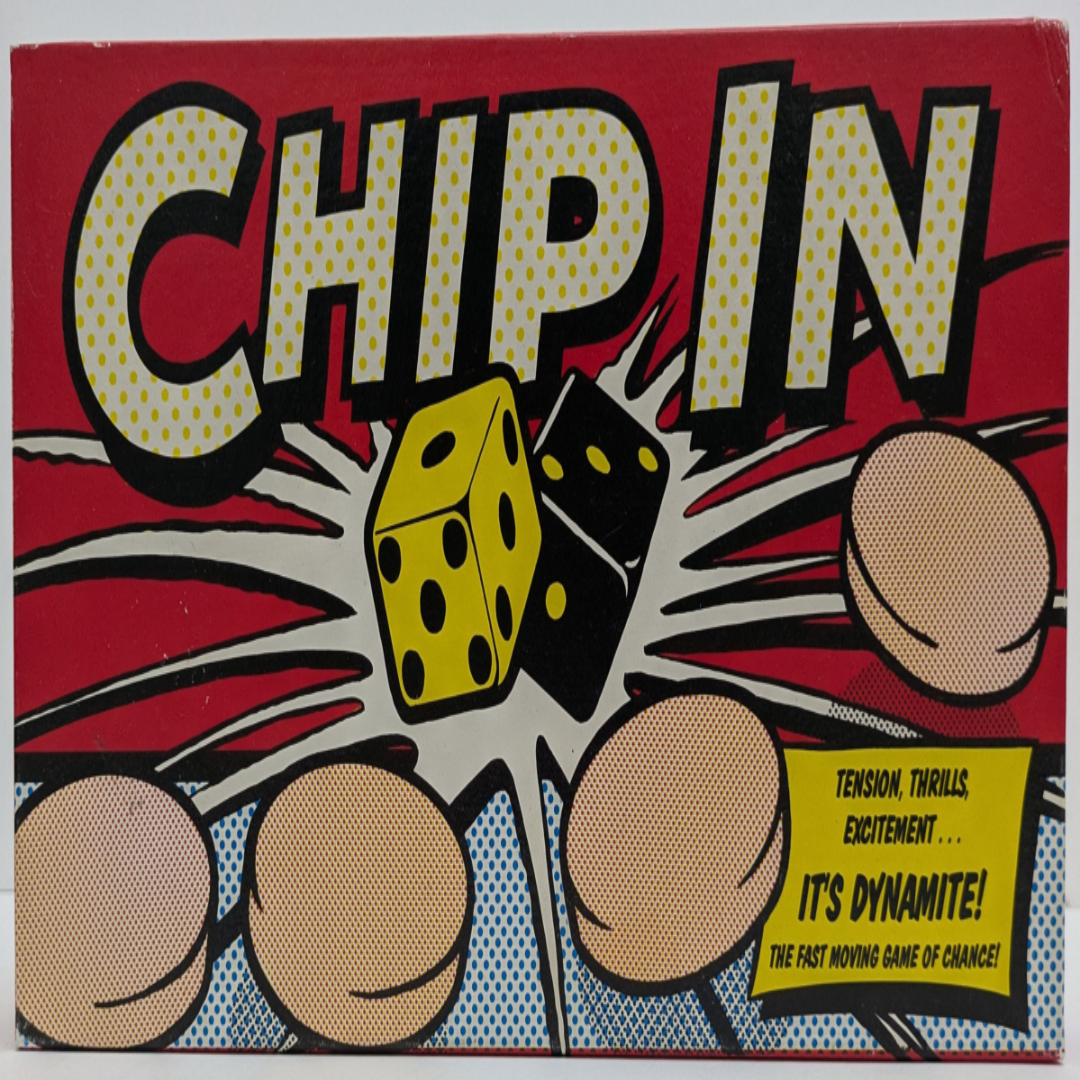 Chip In (1988) game box featuring colourful dice, numbered boards, and chips, highlighting luck and strategy gameplay.