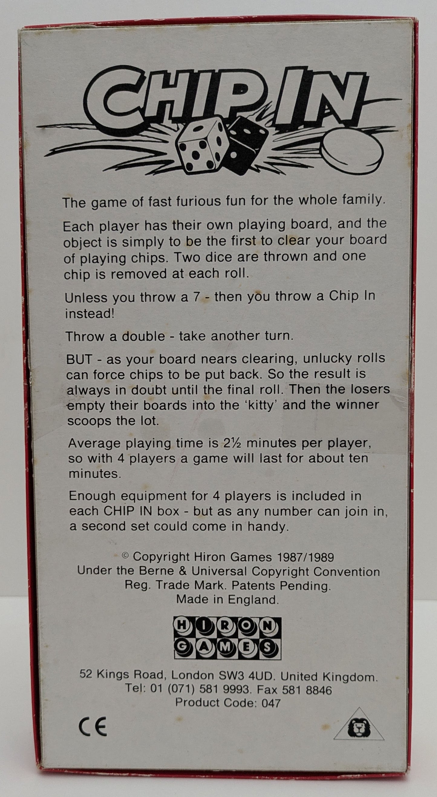 Step-by-step guide for Chip In (1988) explaining dice mechanics, chip management, and strategies for winning.