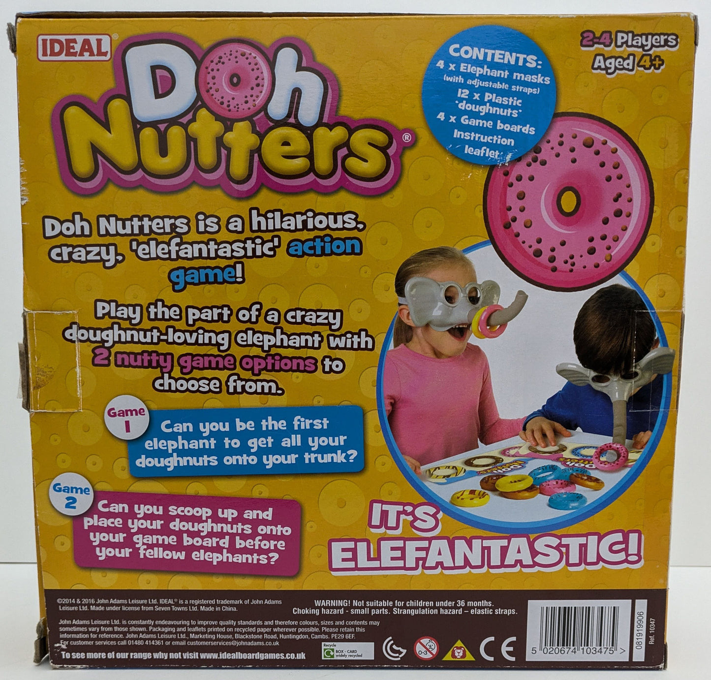 "Back view of Doh Nutters game box featuring colourful doughnuts, elephant masks, and the game logo emphasizing fun and silly play."