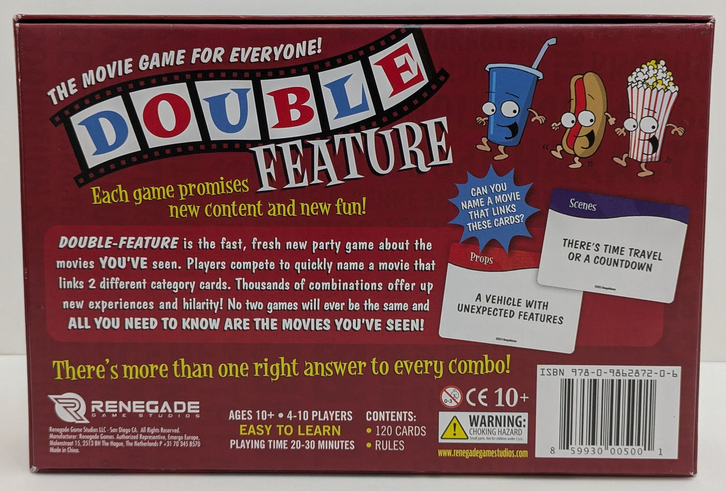 Double Feature (2015) game box featuring vibrant movie-themed graphics and the tagline highlighting fast-paced film trivia fun.