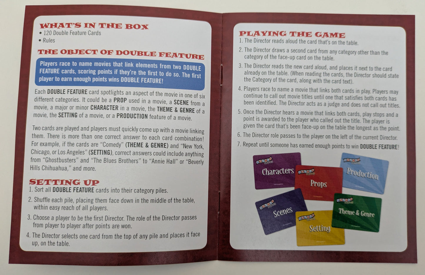 Double Feature game instructions showing how to play, including details about linking movie elements and scoring points.