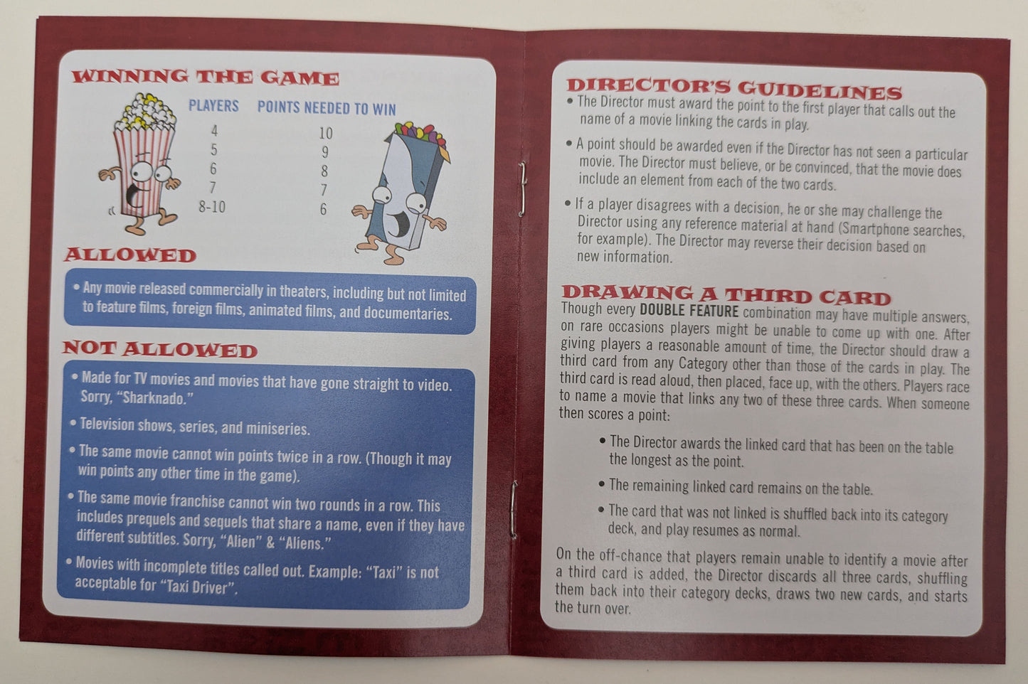 Double Feature game instructions showing how to play, including details about linking movie elements and scoring points.