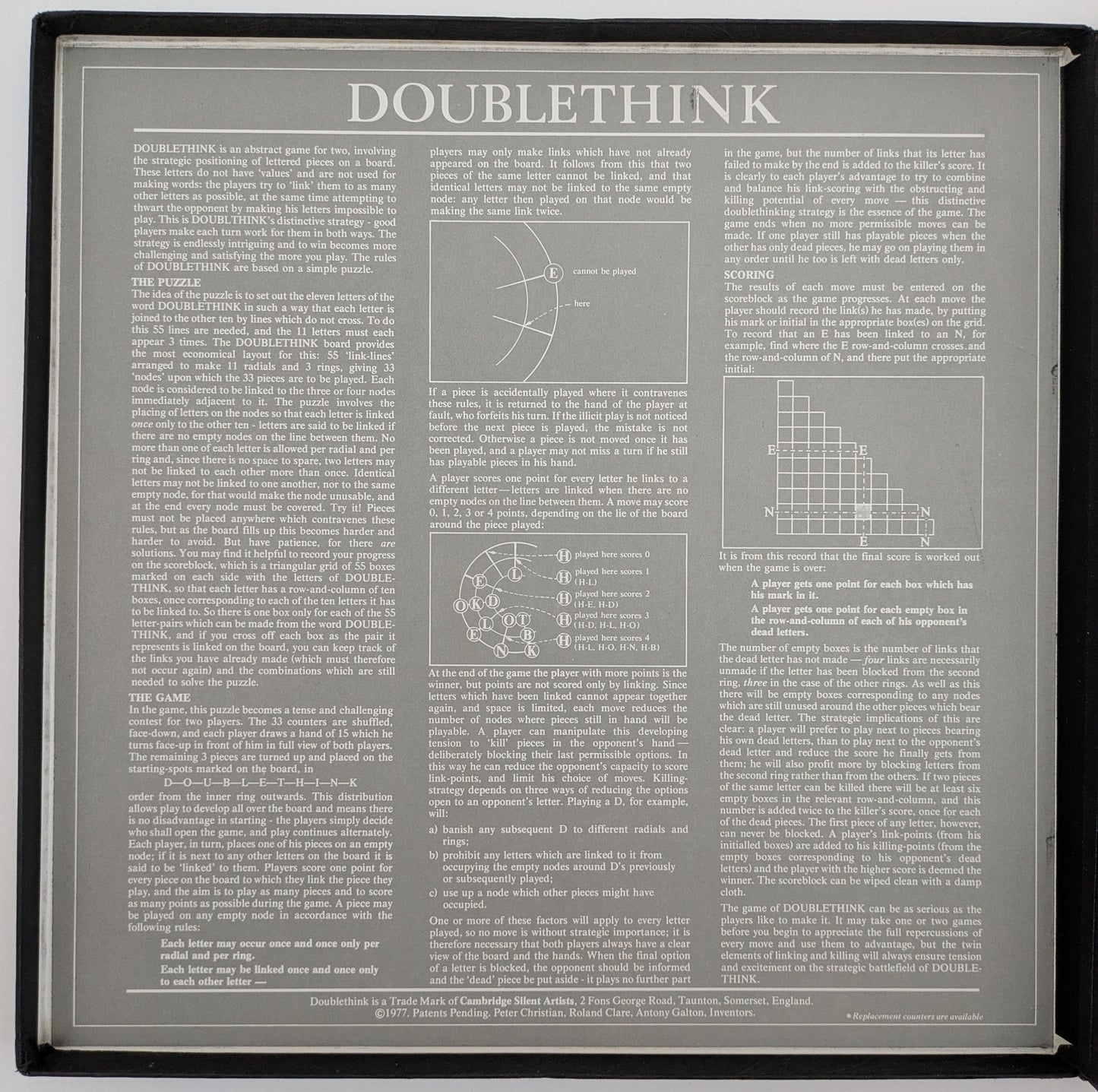 Doublethink (1977) is a collectible gem from Cambridge Silent Artists, built to last a lifetime of play.