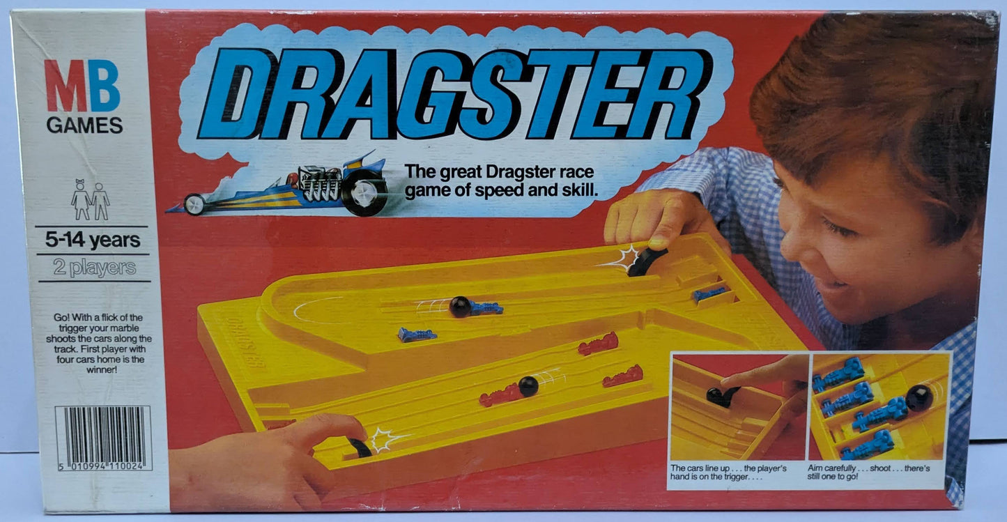 Dragster (1976) game box featuring colourful racing cars, marble shooter, and the game logo emphasizing fast-paced action.