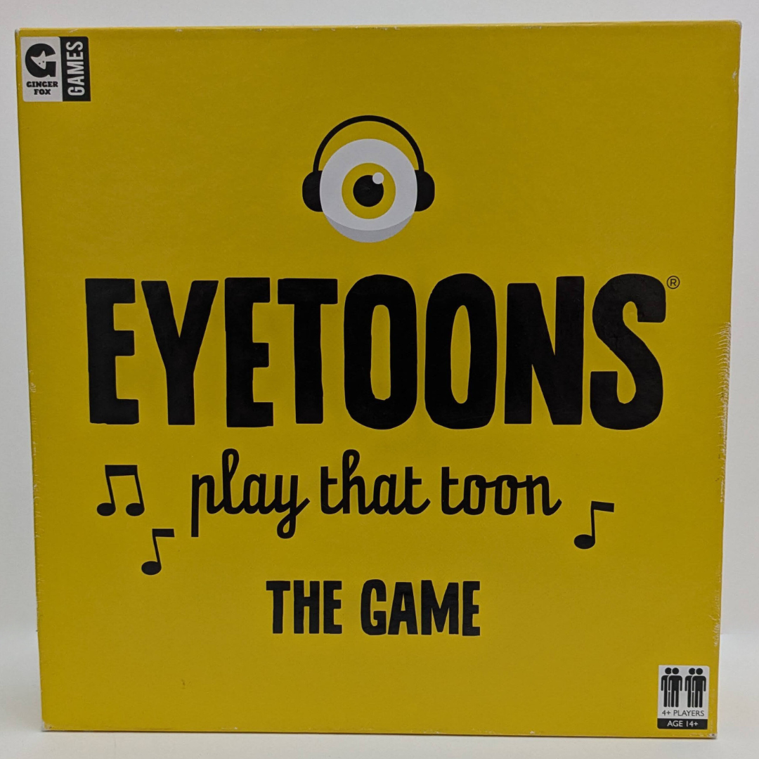 "Eyetoons (2016) game box featuring a colourful musical-themed design, highlighting trivia, drawing, and guessing challenges for family fun."