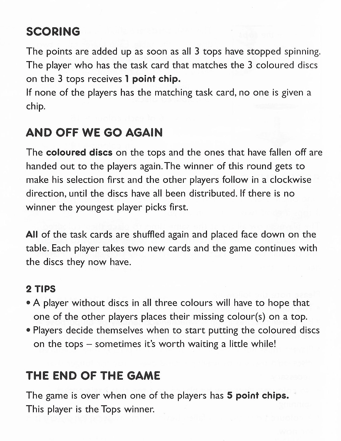 Full rules for Tops (2002), guiding players through setup, gameplay, scoring, and winning.