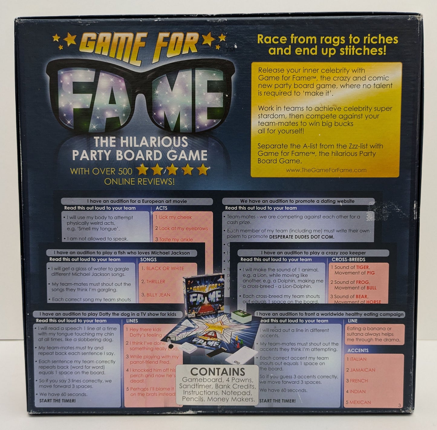 "Back view of Game for Fame (2010) game box featuring the game logo, celebrity-themed illustrations, and fun challenge descriptions."