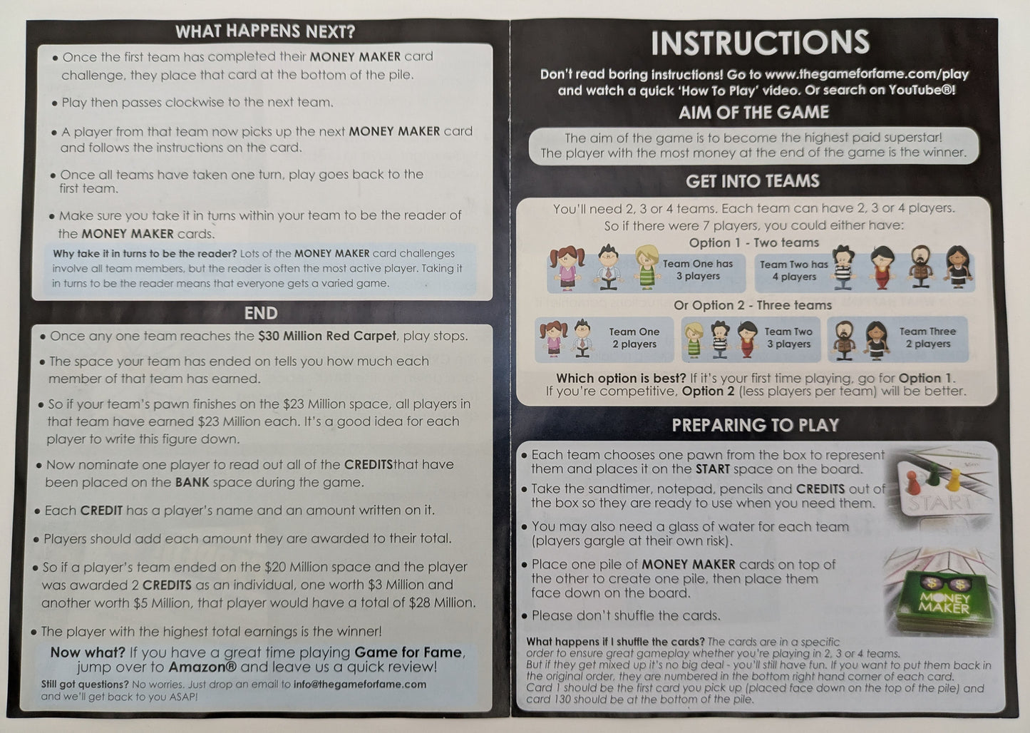 "Game for Fame instructions explaining how to compete in acting, speaking, and performance challenges while managing team strategy and backstabbing opportunities."