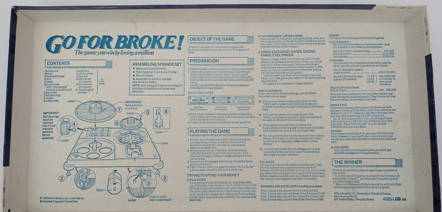 Go for Broke! (1985) Official rule sheet for gameplay