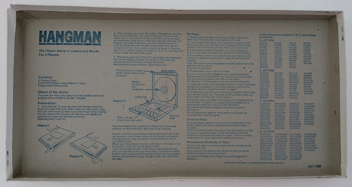 Hangman (1977) rules guide you through setup, letter guessing, and how to win the game.