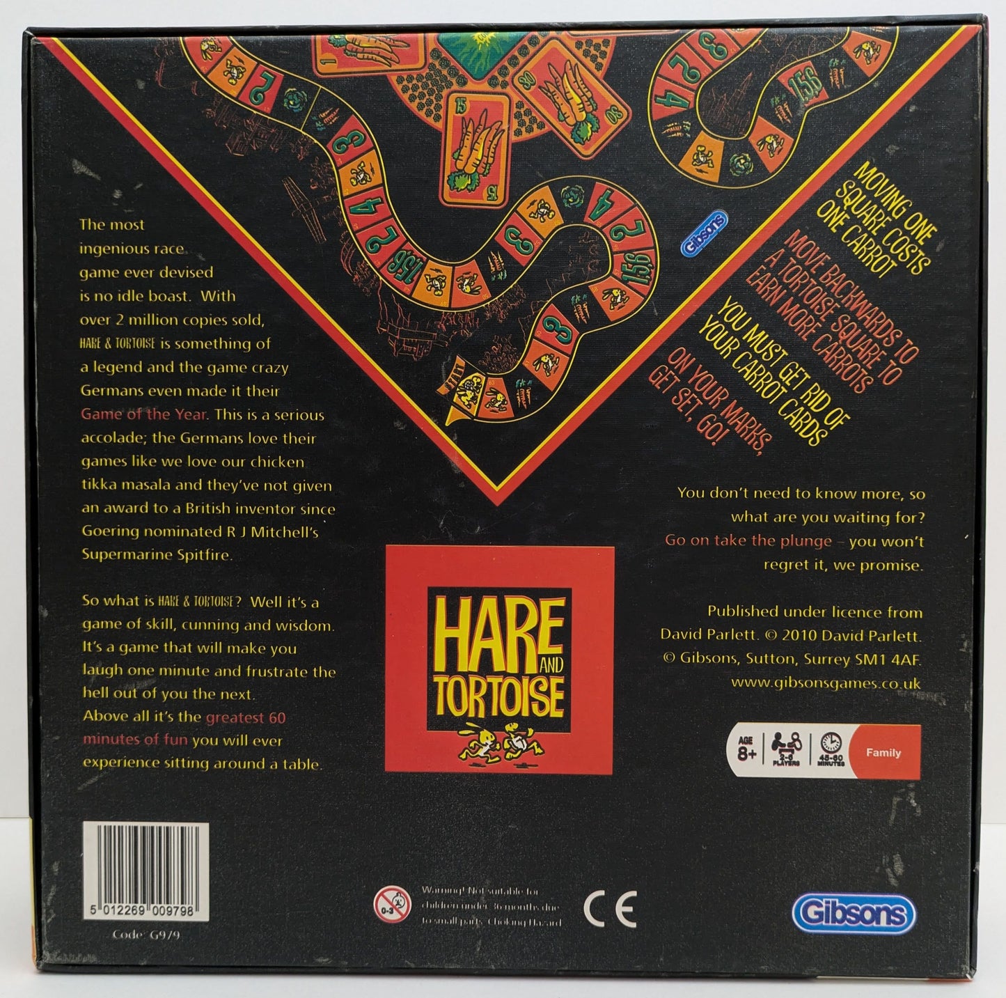 Hare and Tortoise (1973) game box featuring racing-themed graphics, carrot tokens, and the iconic title highlighting strategic gameplay.