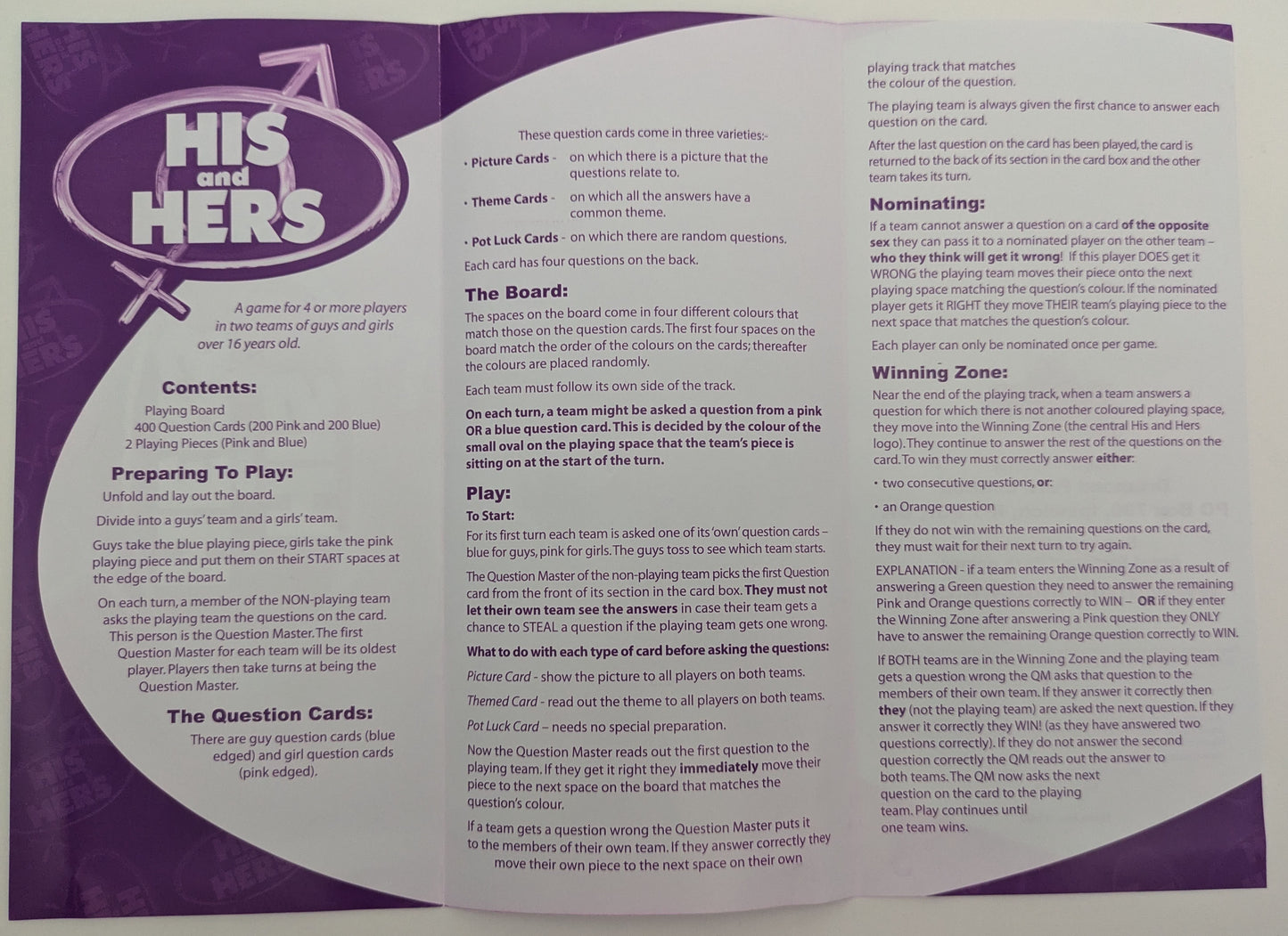 "His and Hers game instructions showing how to set up teams, answer trivia questions, and move pieces across the game board."