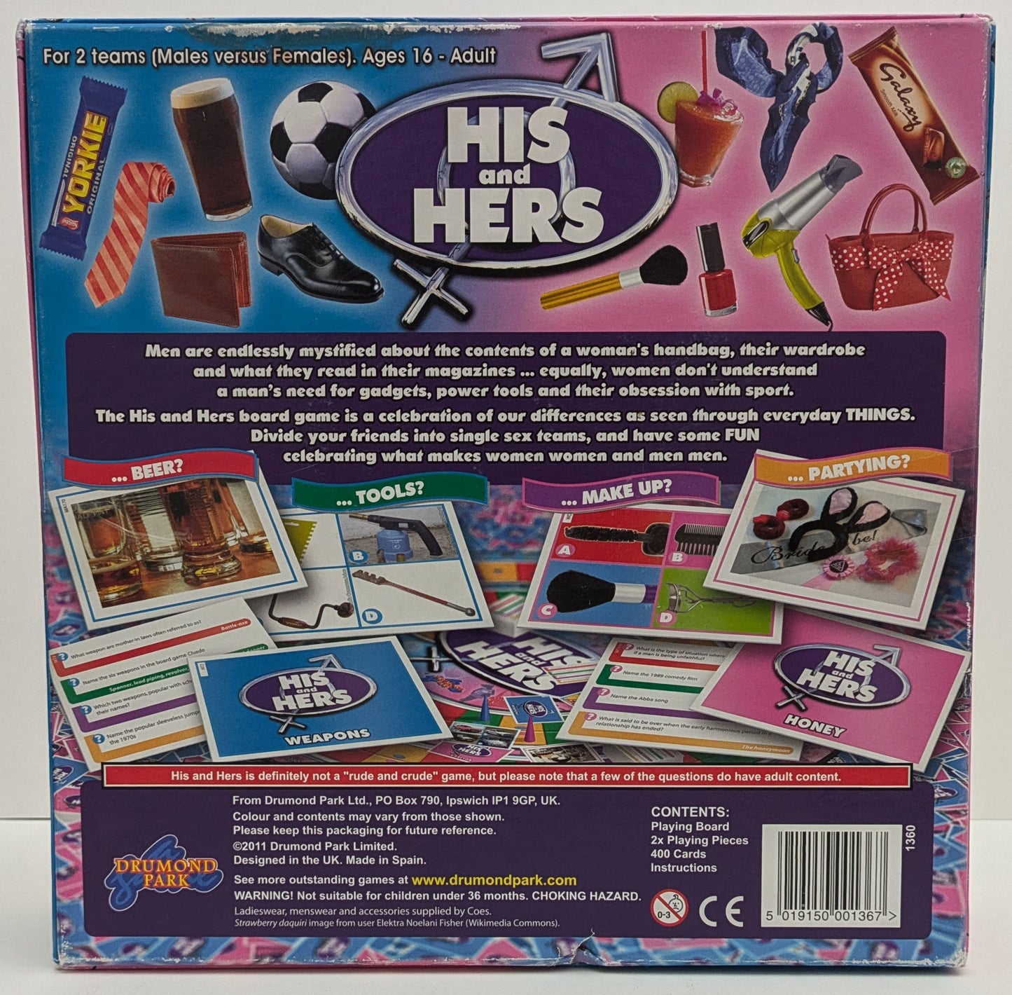 "Back view of His and Hers (2011) game box featuring game logos, trivia categories, and fun icons representing men and women."