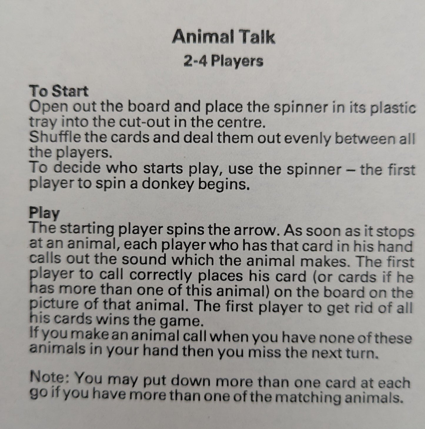 How to Play Animal Talk 1983 – spin the arrow, match the card, make the sound, and race to win.