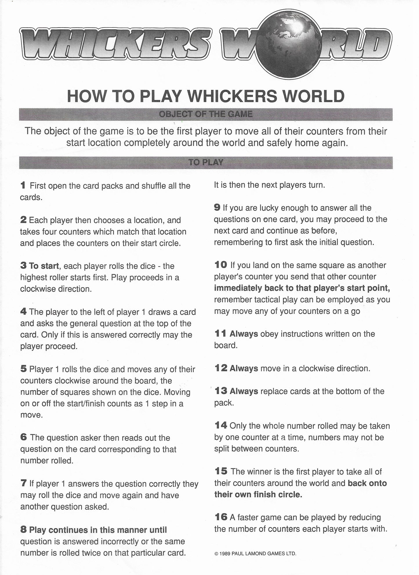 How to play Whickers World 1989 – answer questions to move your counters and race around the world.