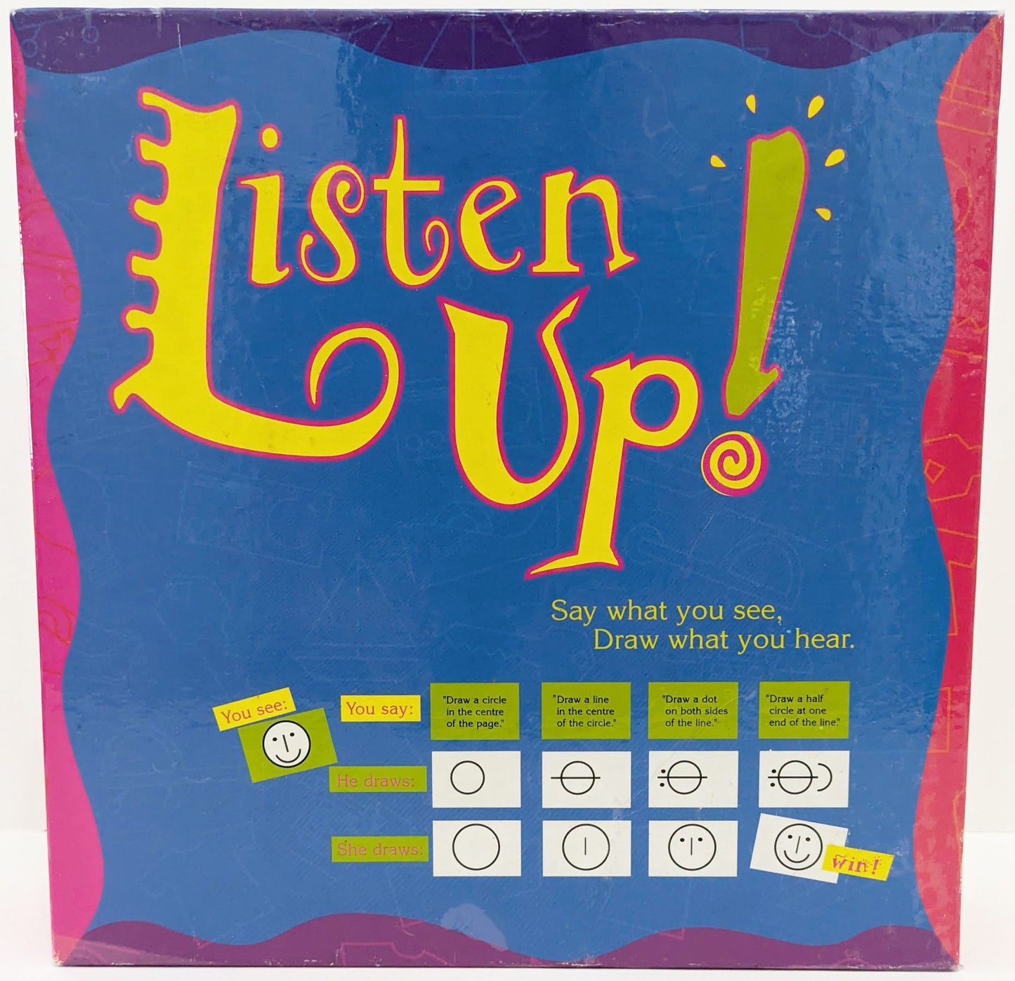 "Listen Up (1997) game box featuring colourful geometric shapes, drawing tools, and the game logo emphasizing creativity and fun."