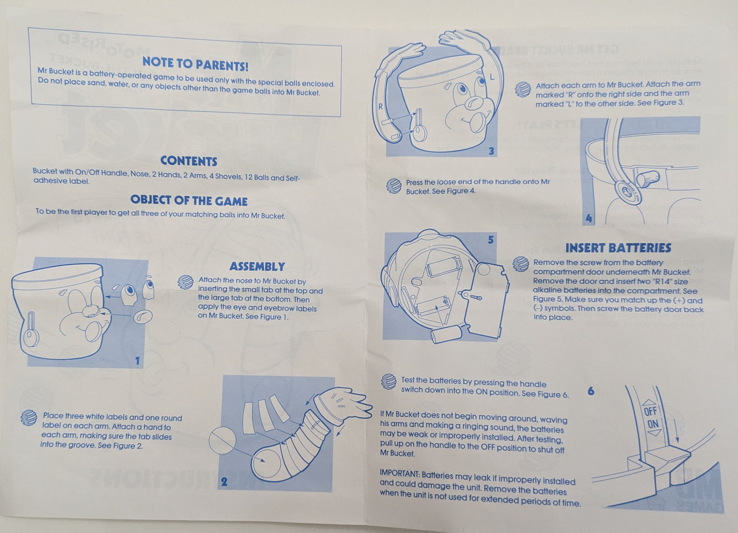 "Detailed game instructions for Mr. Bucket, explaining how players use shovels to scoop and drop balls into the bucket while it moves and spits them back out."