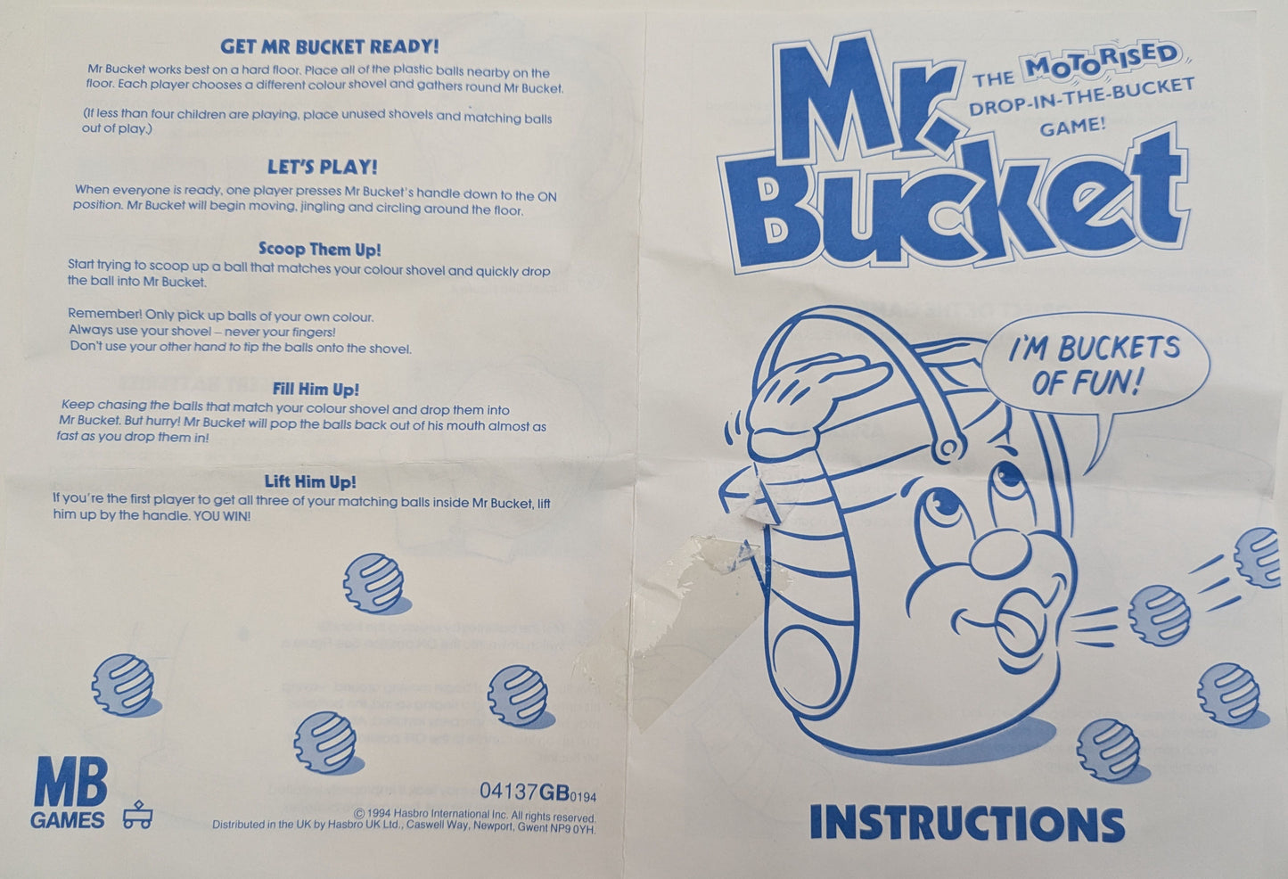 "Mr. Bucket game instructions showing step-by-step how to set up, play, and win the game by collecting and dropping balls into the moving bucket."