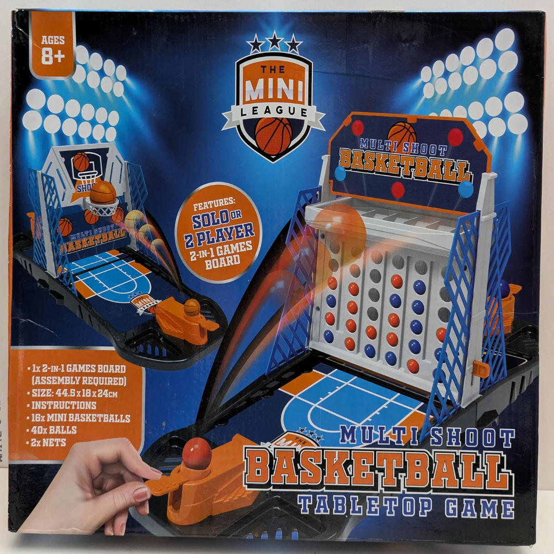 Multi Shoot Basketball game box featuring basketball hoops, mini balls, and vibrant visuals showcasing arcade-style fun.