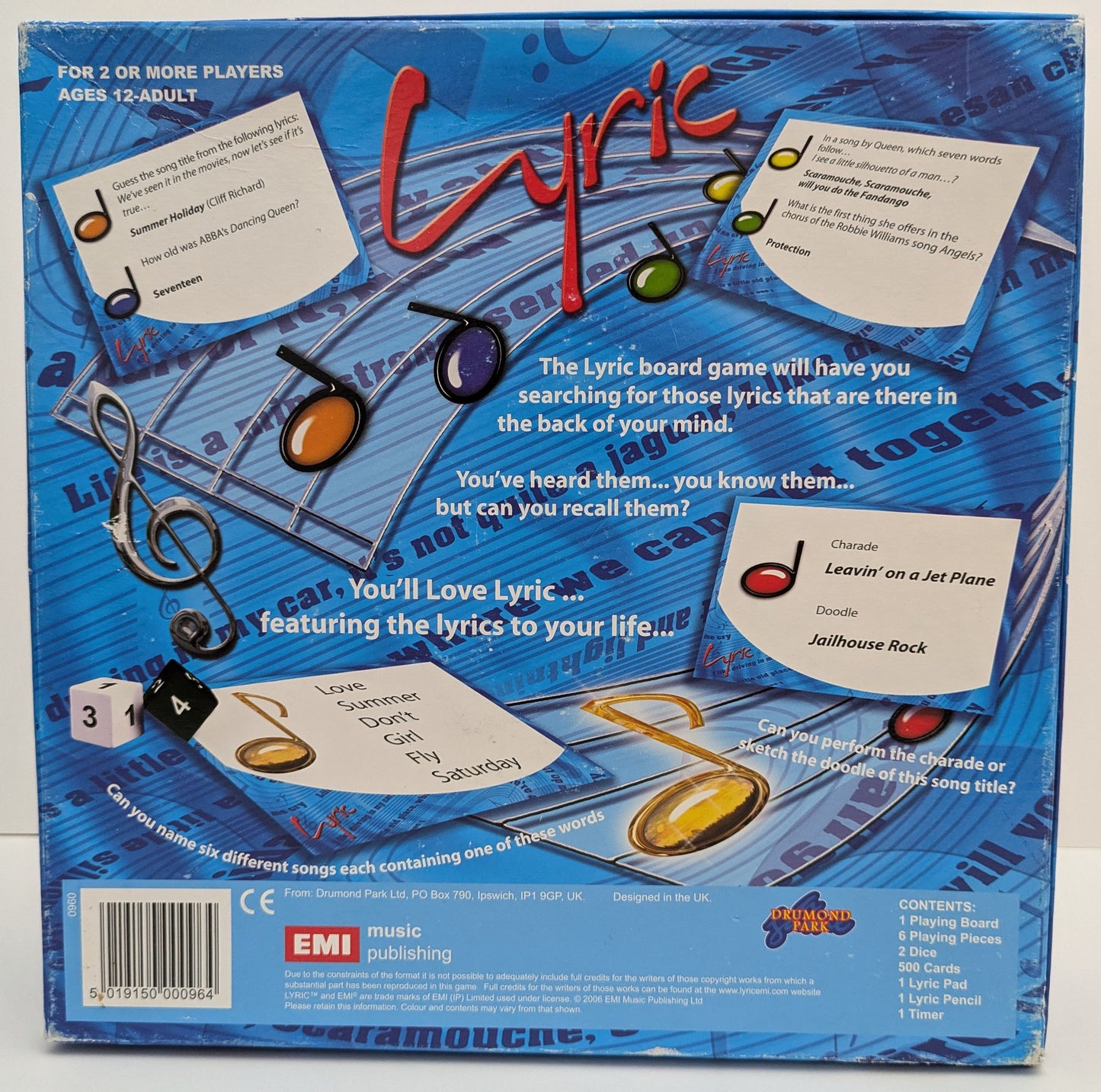 Complete Lyric (2007) game setup with quiz cards, timer, and musical elements ready for an interactive and fun game night.