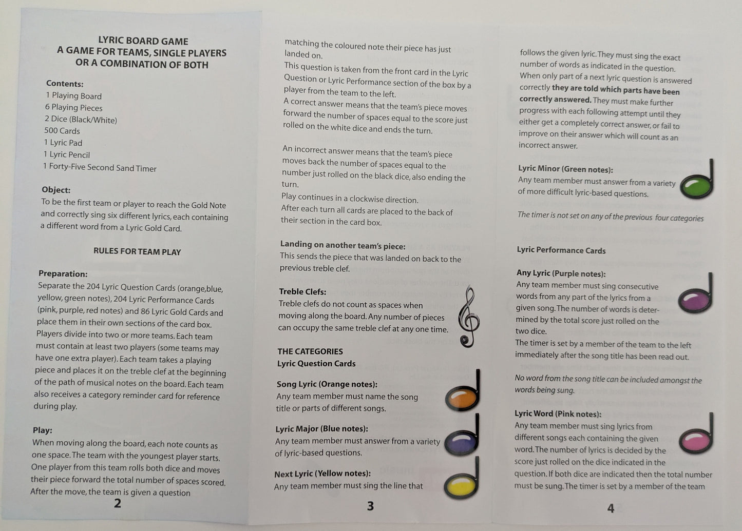 Lyric game instructions showing how to recall lyrics, perform charades, and describe song titles for an interactive musical game night.