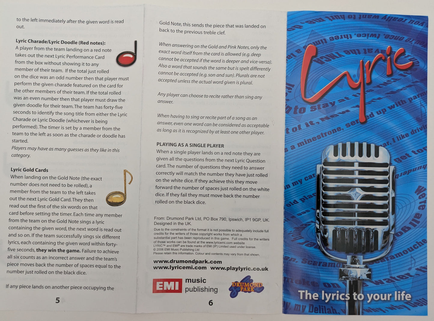 Lyric game instructions showing how to recall lyrics, perform charades, and describe song titles for an interactive musical game night.