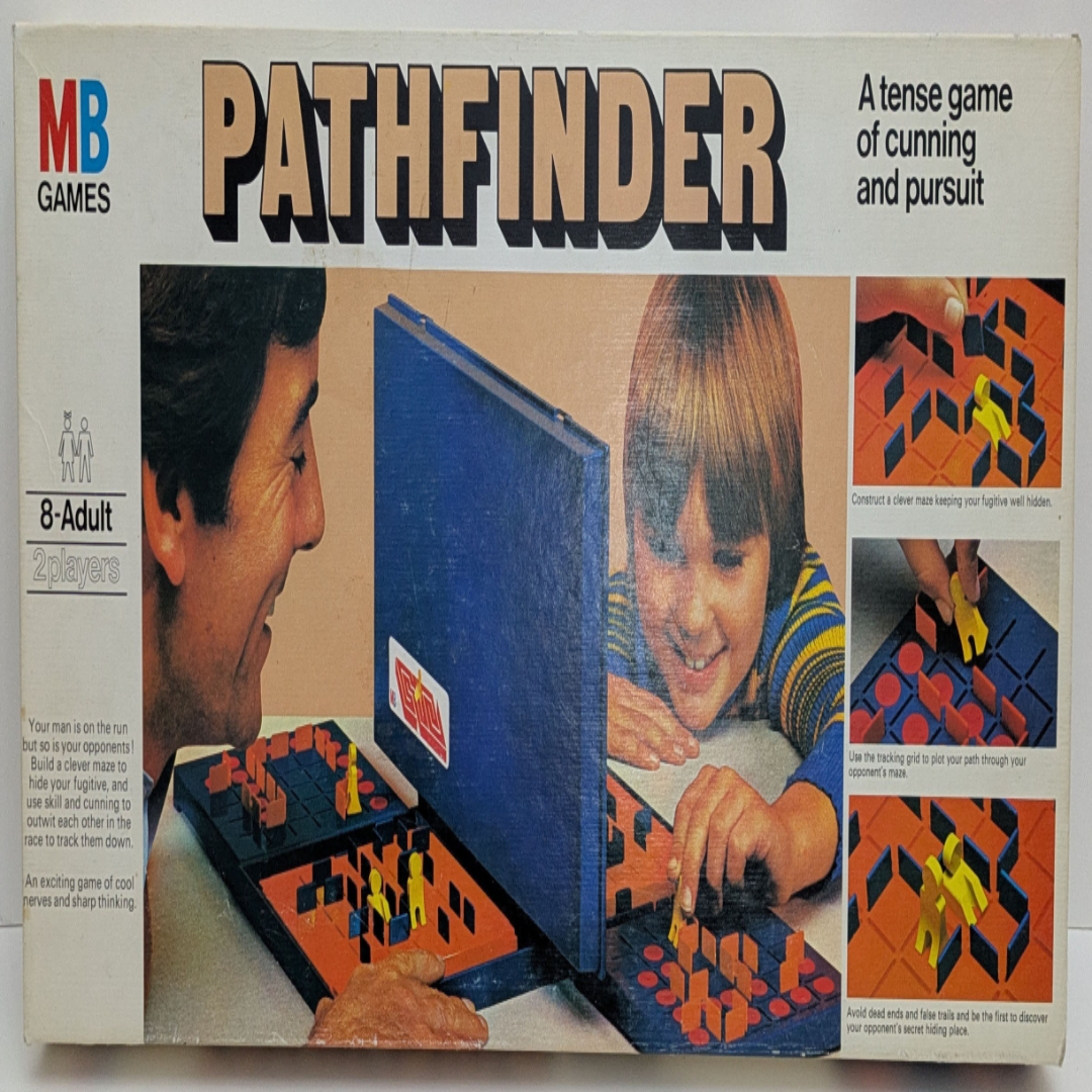 Pathfinder (1974) game box featuring maze visuals, strategic gameplay elements, and the game logo emphasizing deduction and mystery.