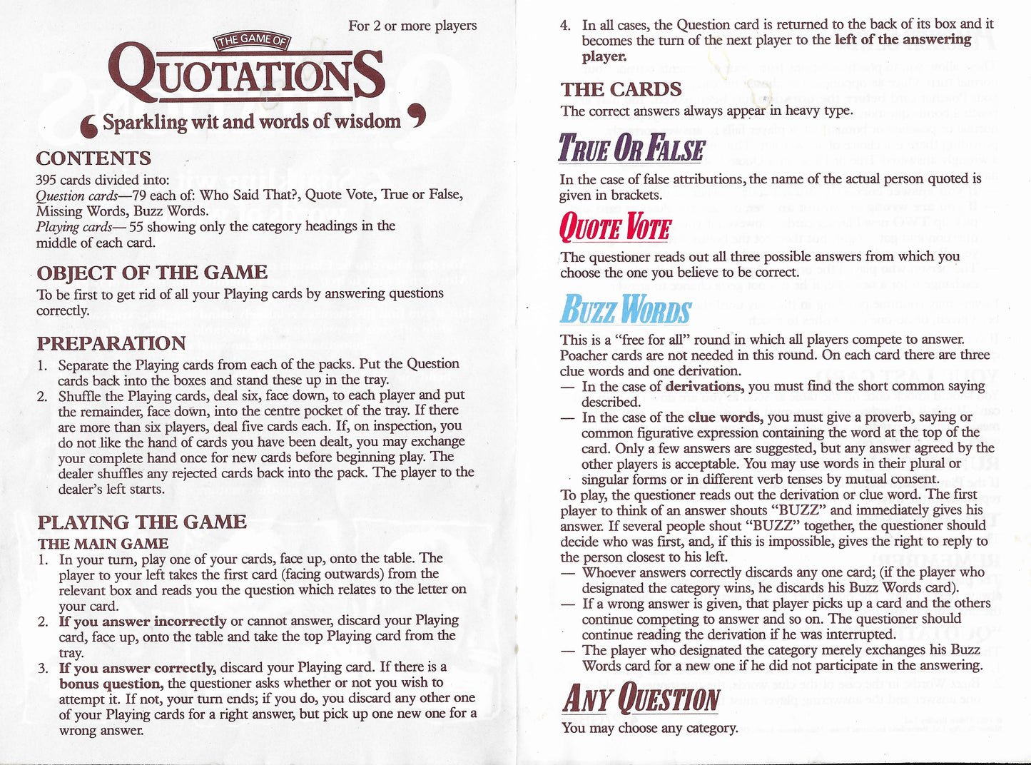 Quotations 1987 Game Instructions The Complete Guide to Playing