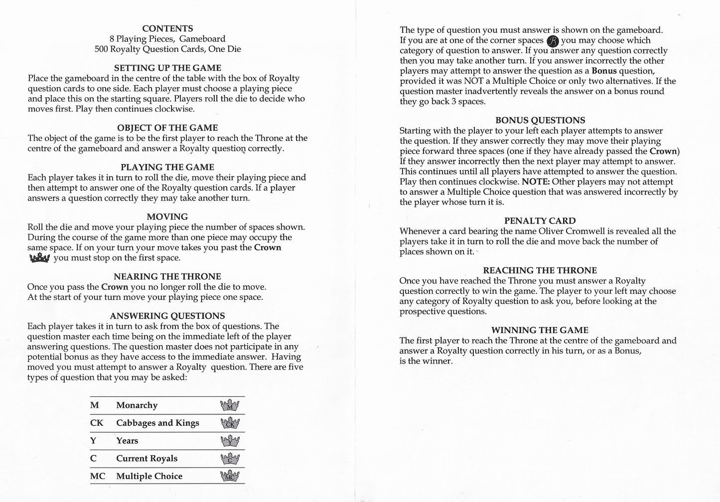 Royalty (1993) rules and instructions explain everything you need to know to enjoy this challenging quiz game.