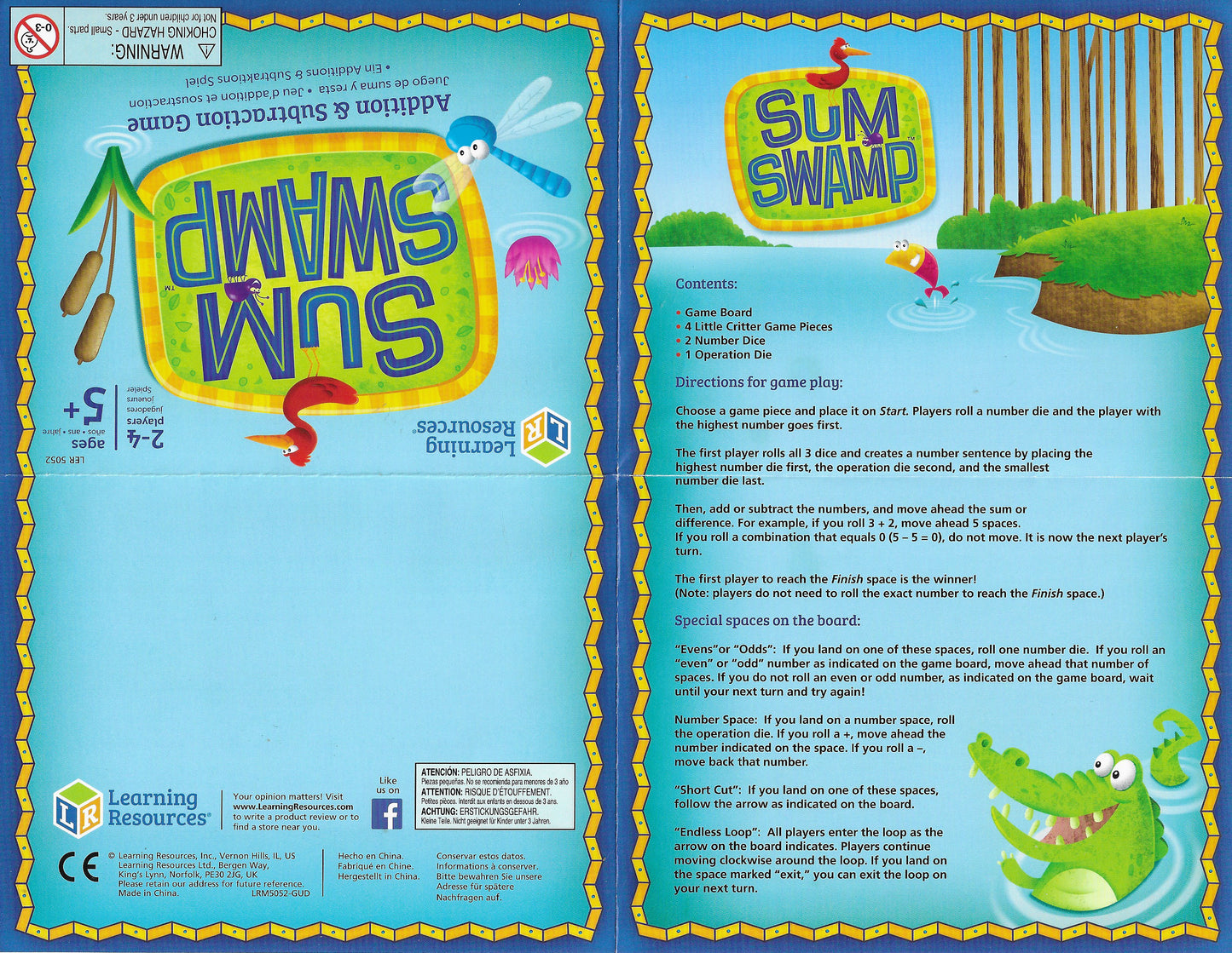 Rules for Sum Swamp (1993) explain the easy steps to play, guiding children through dice rolls, sums, and swampy adventures.