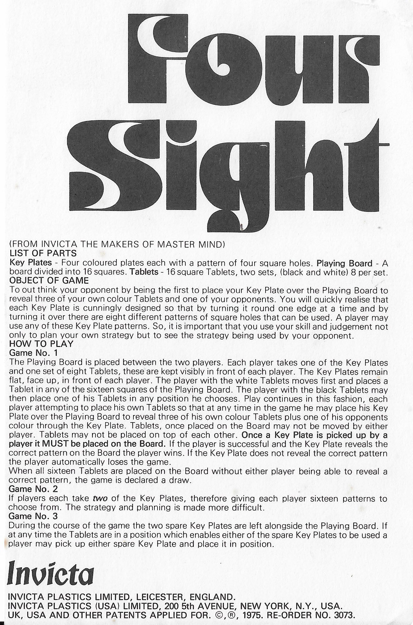 Rules of Play for Four Sight – learn how to set up, play, and master this classic 1975 game.