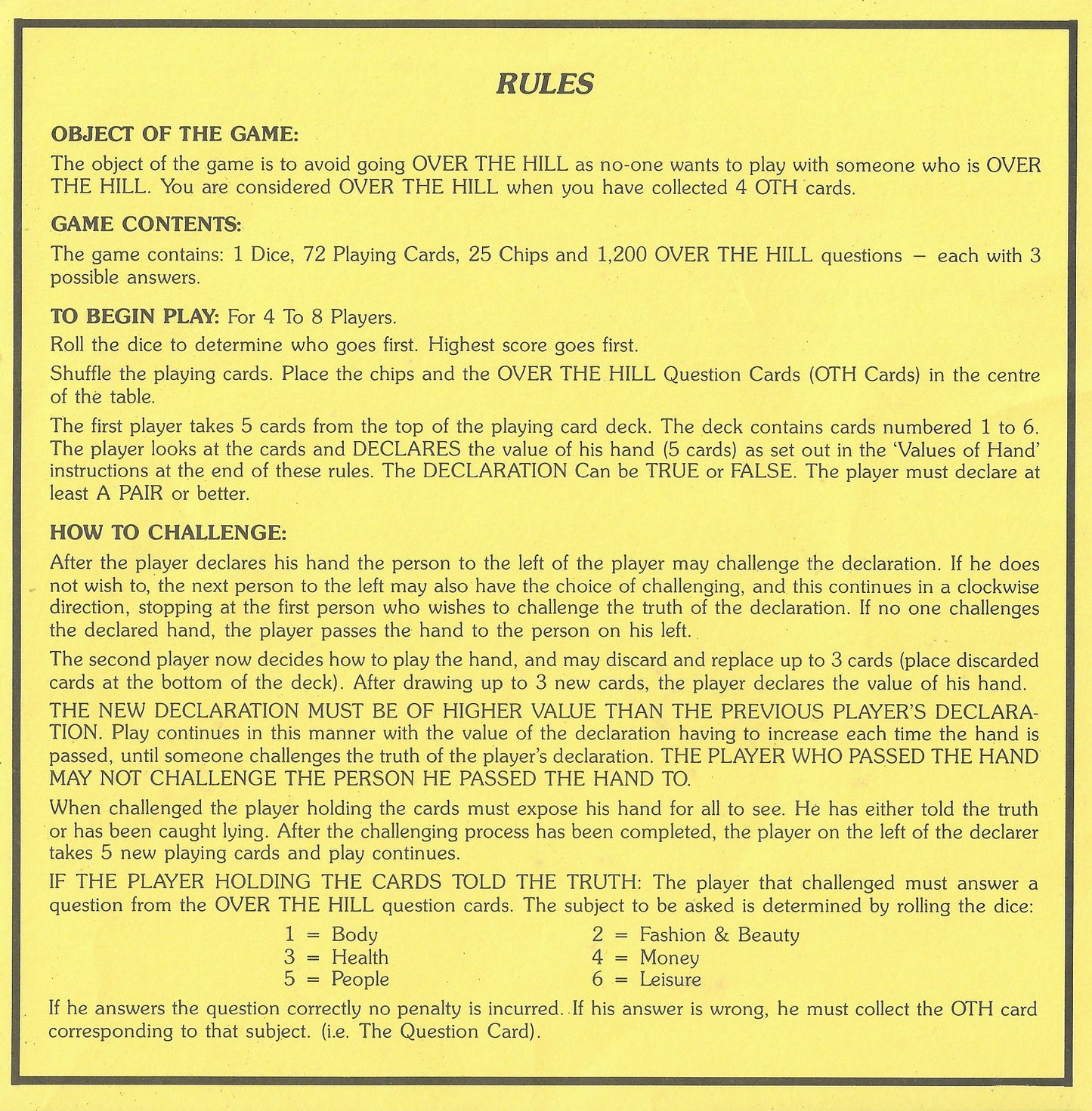 Rules of Play for Over the Hill (1993) – Learn How to Bluff, Challenge, and Win