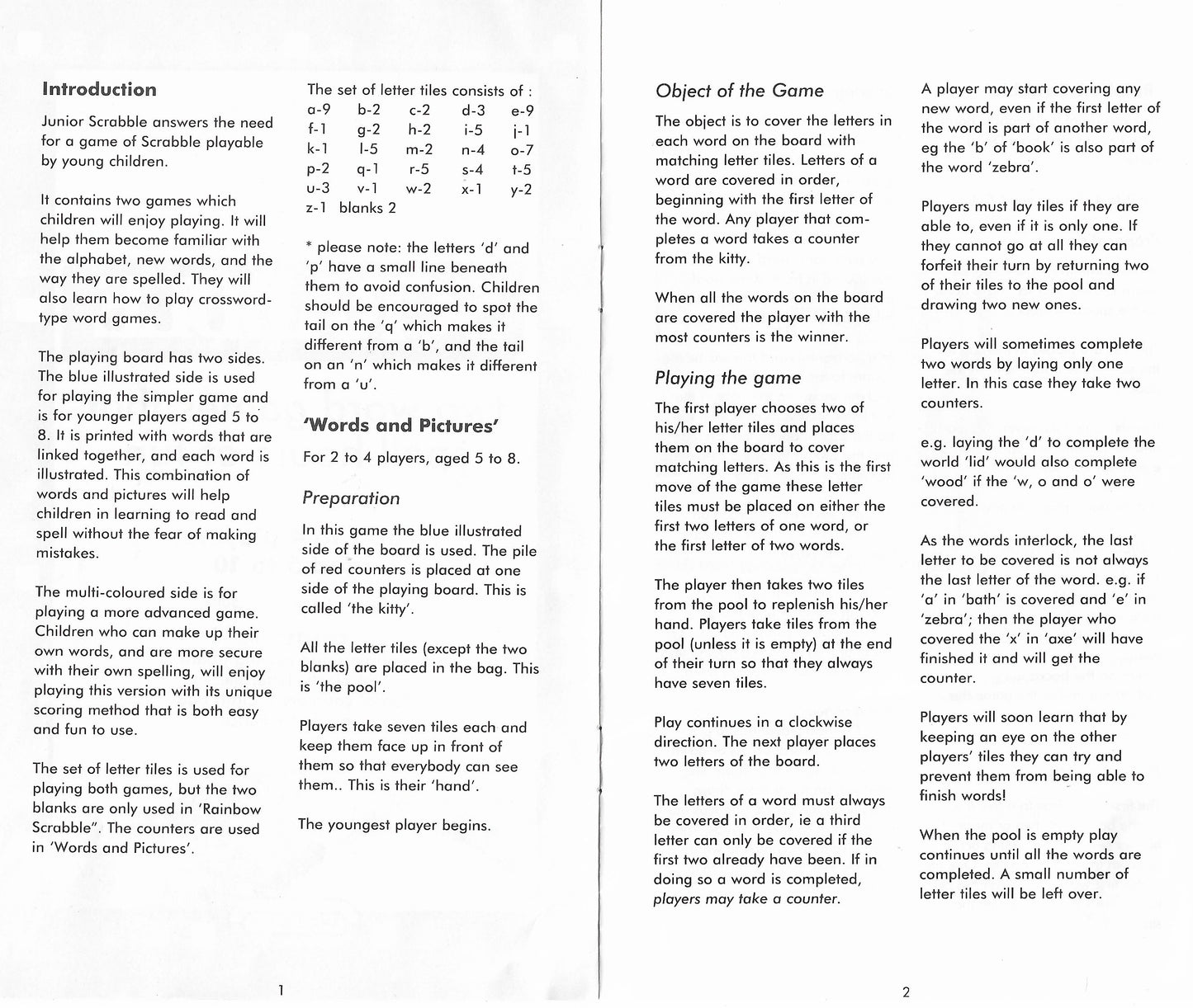 Scrabble Junior (1994) instructions guide players through two fun game levels.