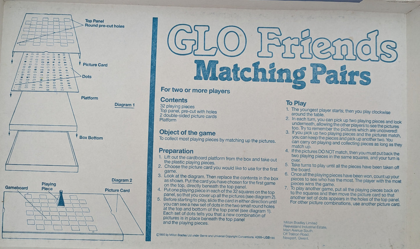 Simple to learn and full of surprises, Glo Friends Matching Pairs (1985) is a joyful memory game that grows with every turn.