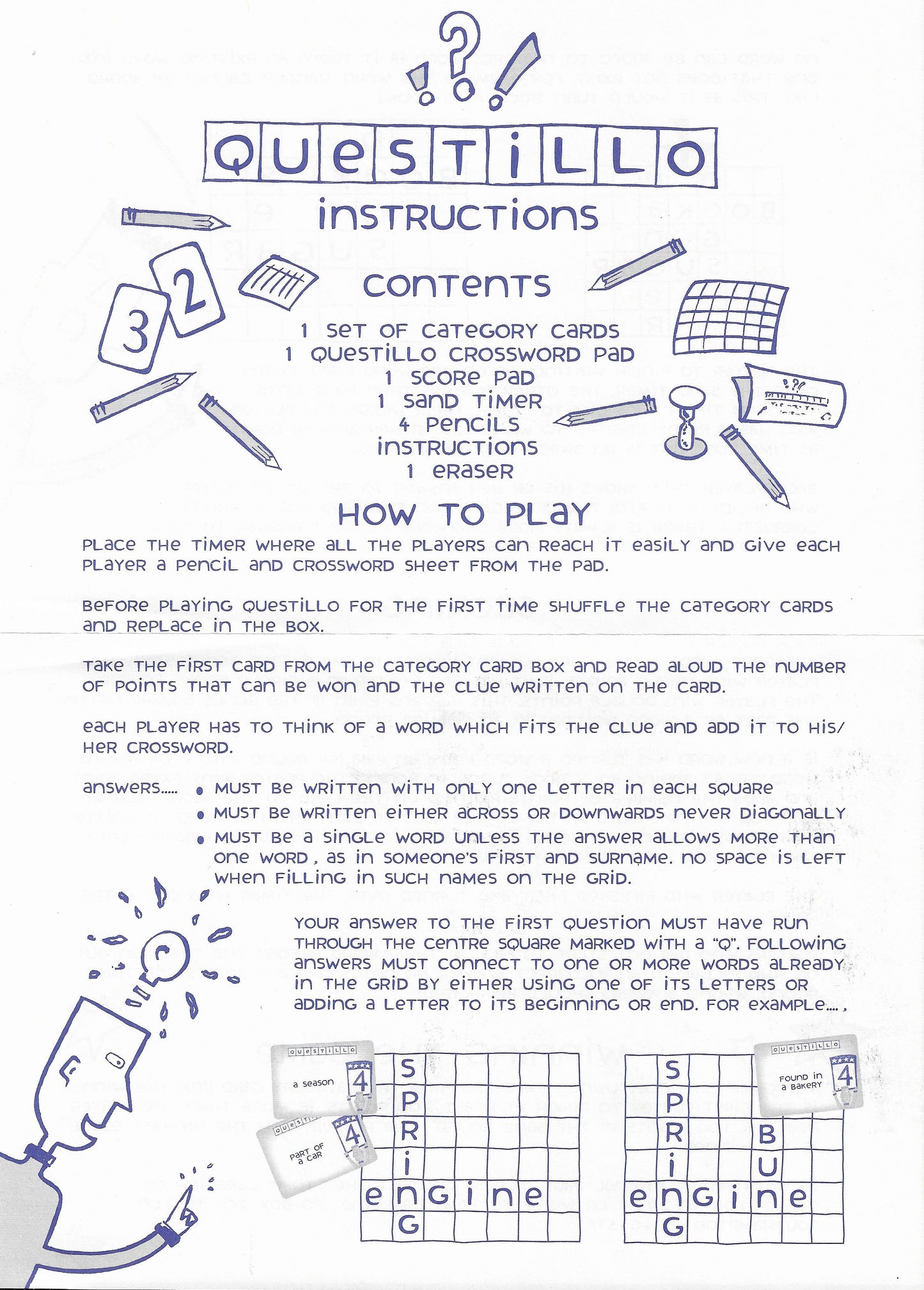 Solve clues and build your grid in the brilliant word game Questillo (1995).