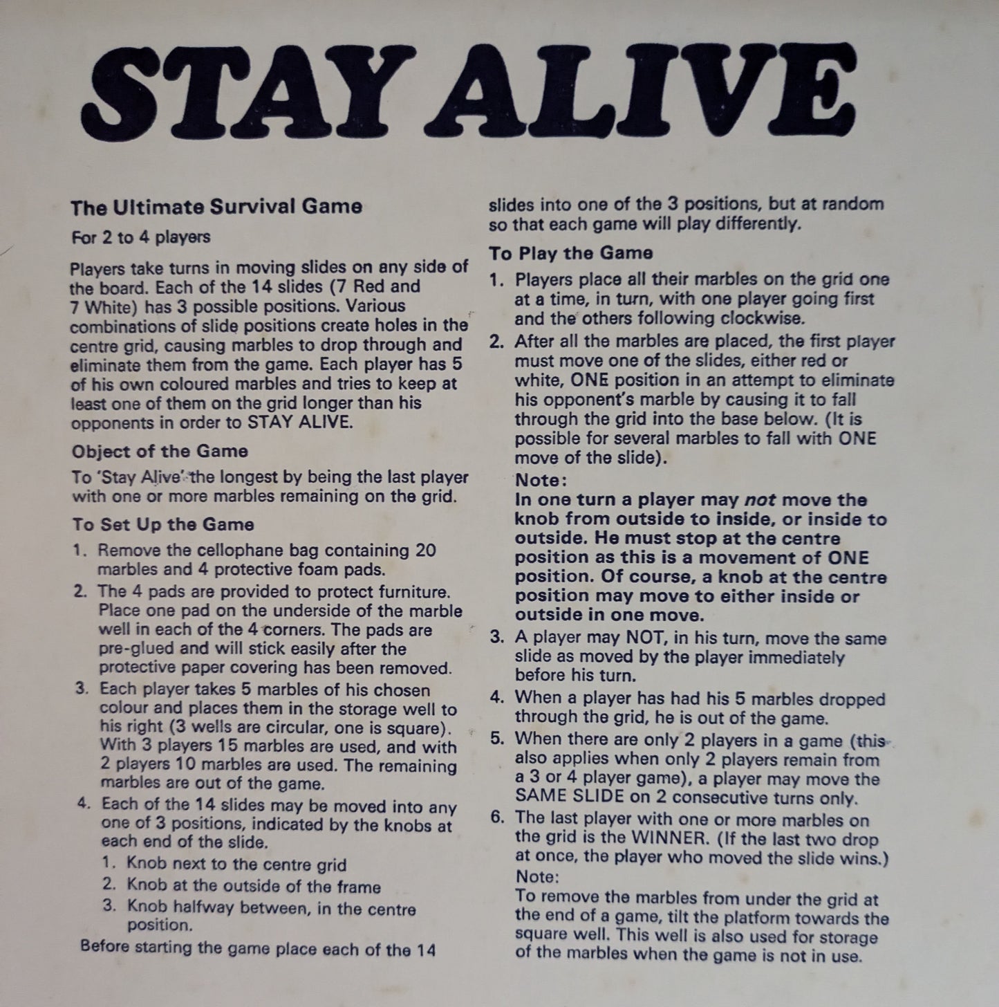 "Detailed game instructions for Stay Alive (1975), explaining how to move sliders, protect marbles, and outsmart opponents."