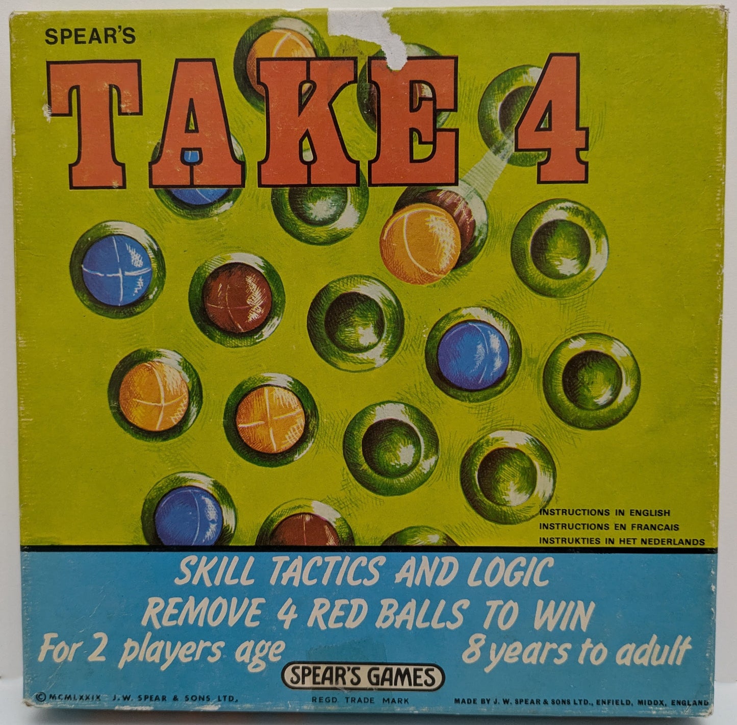"Take 4 (1970) game box featuring classic Spears Games design, coloured game pieces, and strategy-driven gameplay visuals."