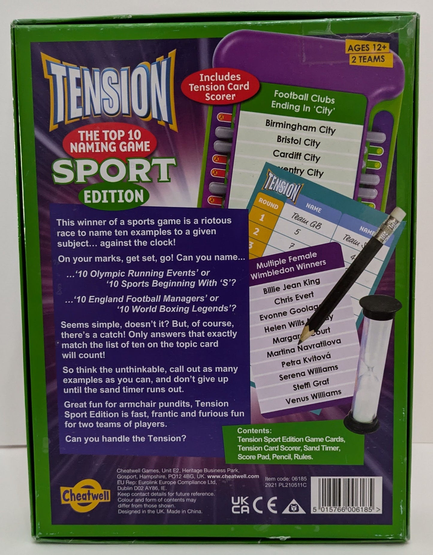 "Back view of Tension: Sport Edition game box featuring sports-themed visuals, timer graphics, and game logo emphasizing fast-paced trivia fun."