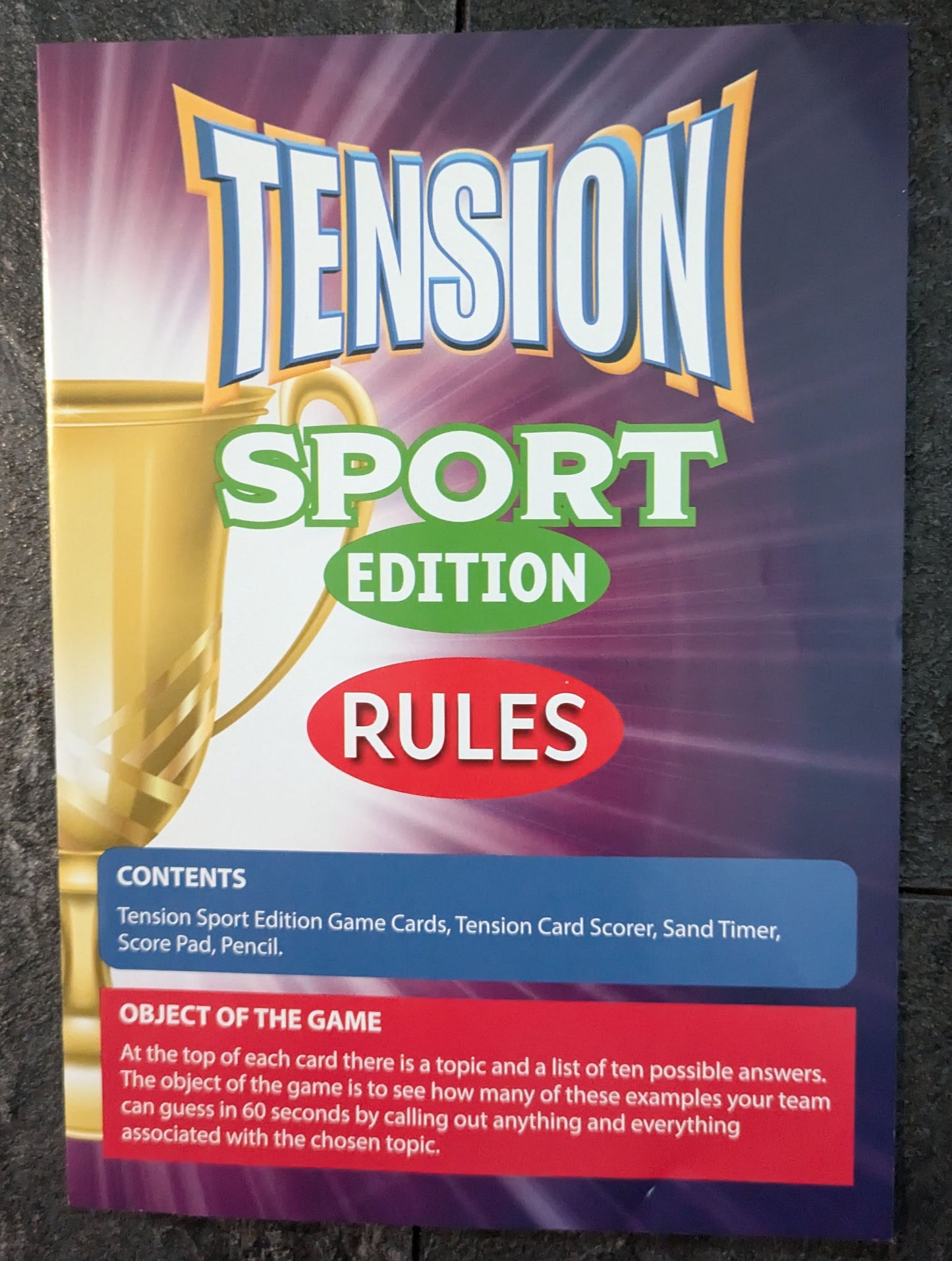 "Tension: Sport Edition game instructions showing how teams race to name items within sports categories to score points."