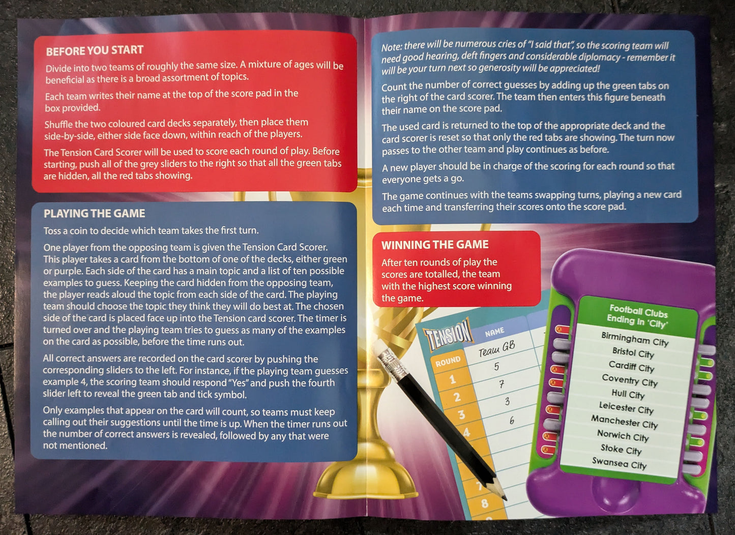 "Detailed Tension: Sport Edition gameplay guide explaining how to draw cards, name items under pressure, and score points for correct answers."
