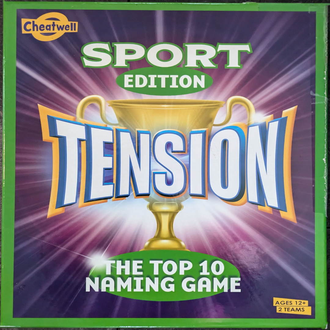 "Tension: Sport Edition game box featuring dynamic sports-themed graphics, category cards, and the game logo emphasizing trivia and competition."