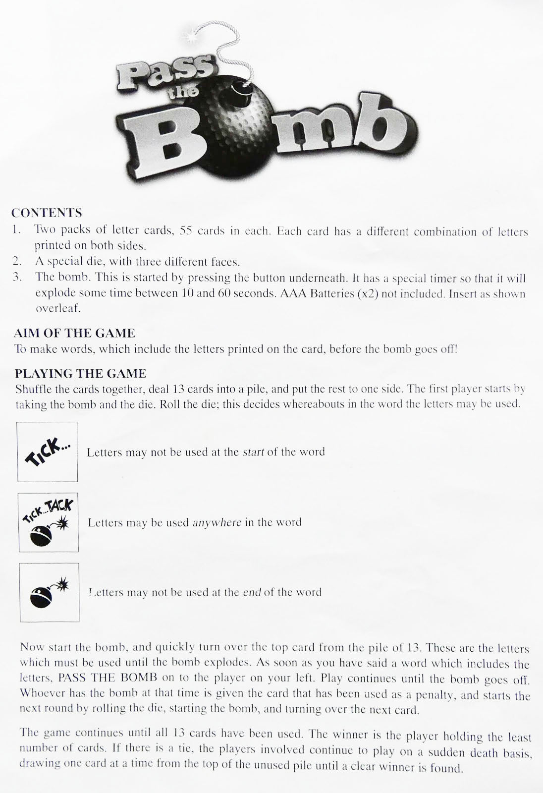 The official rules for Pass the Bomb (1994) explaining how to play this frantic word game.