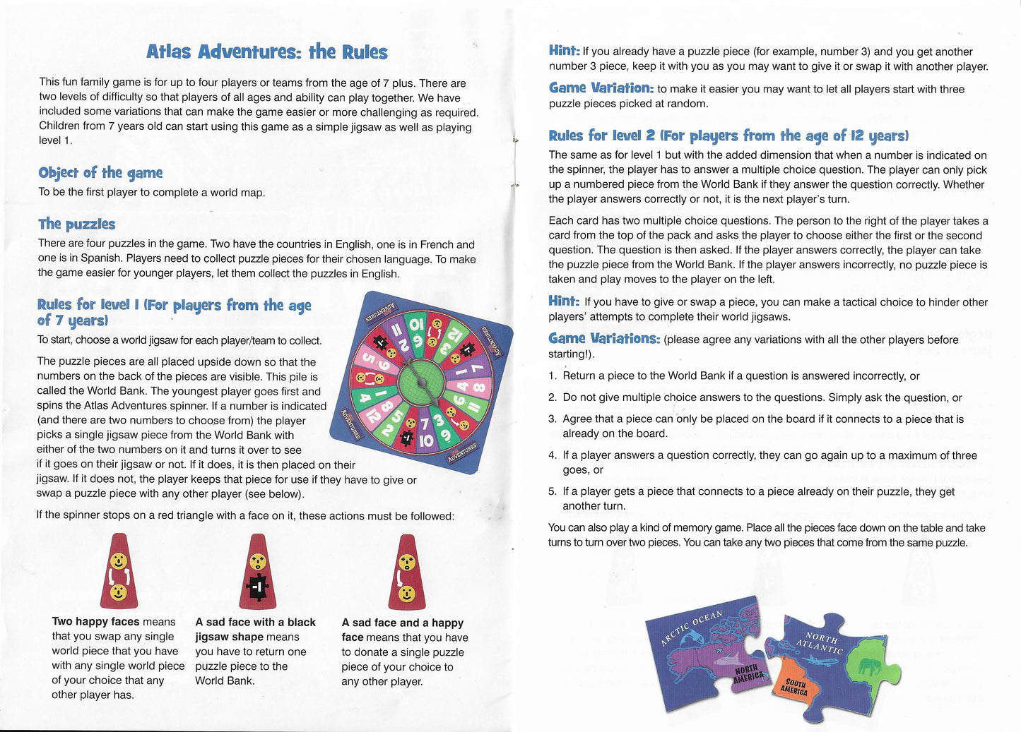 The rules of Atlas Adventures (1996) make it simple and fun to collect puzzle pieces and complete your jigsaw world.