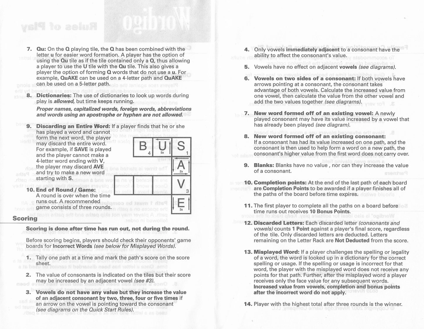 The rules of Wordigo (2007) guide players through the exciting challenge of timed word building.
