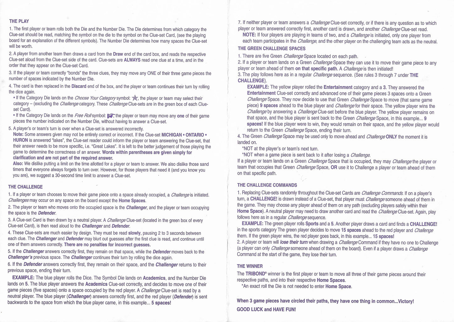 Tribond (1999) Official Rules For Playing the Classic Trivia Game