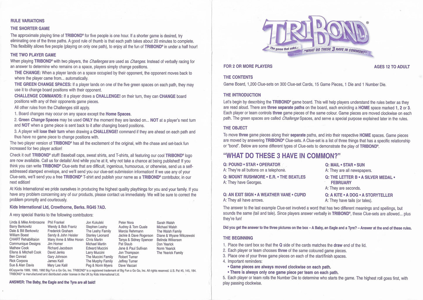 Tribond (1999) Rules Sheet For The Trivia Game of Connections