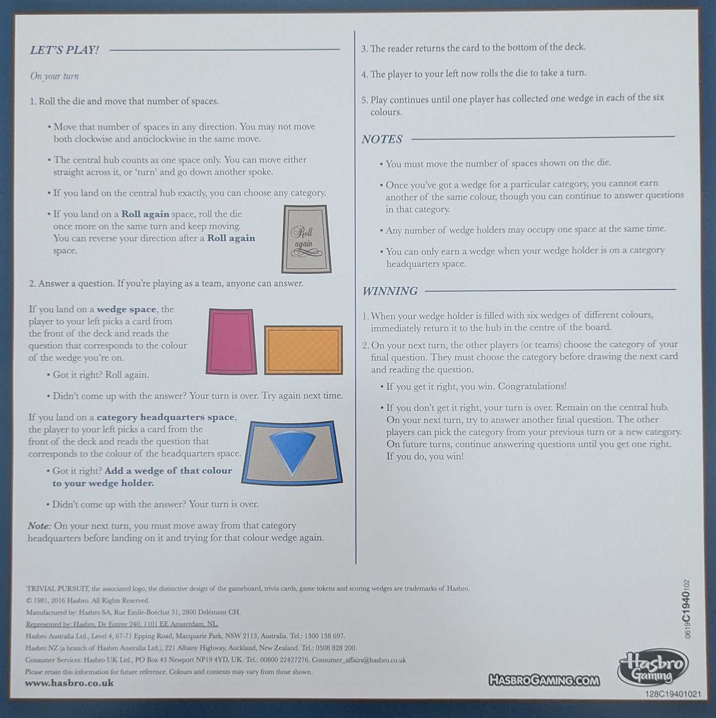 Trivial Pursuit – Classic Edition (2016) detailed instructions for winning the game.