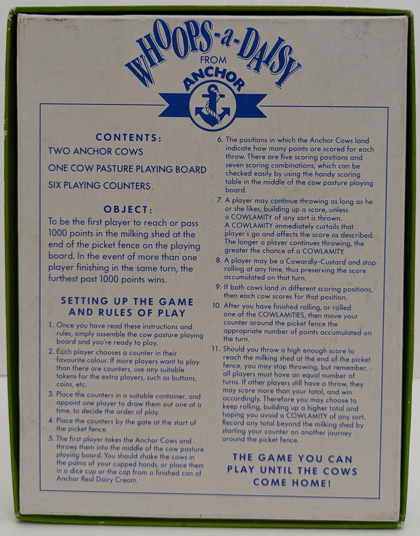 "Detailed Whoops-a-Daisy gameplay guide explaining the scoring poses, fence-style scoring track, and how to win the game."