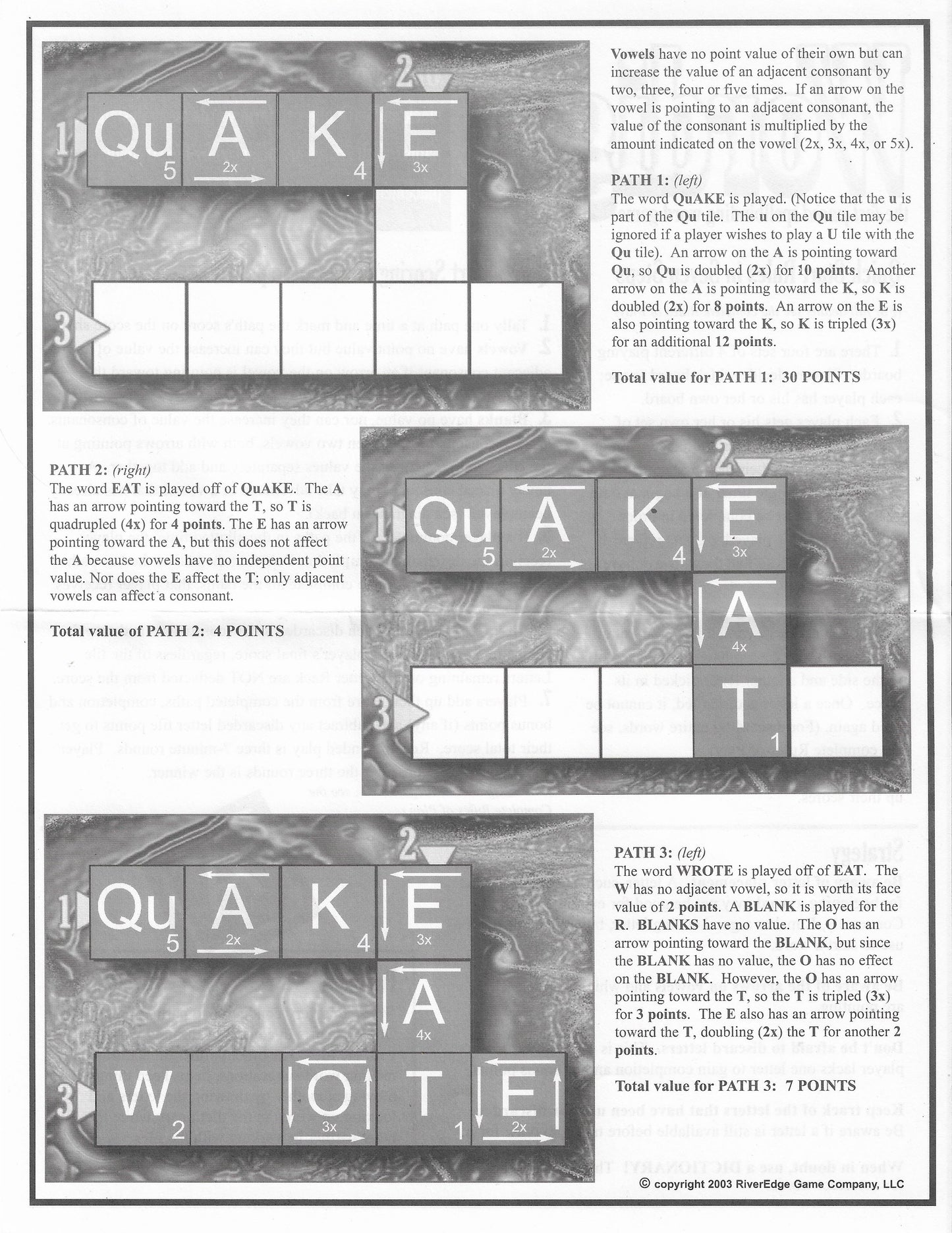 Wordigo (2007) rules show how to score points using vowels, consonants, and special tile bonuses.